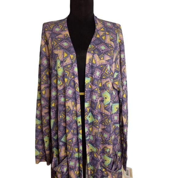 Lularoe Sarah XL Long Duster Cardigan Open Front Geometric Linen Blend NEW - Picture 6 of 8